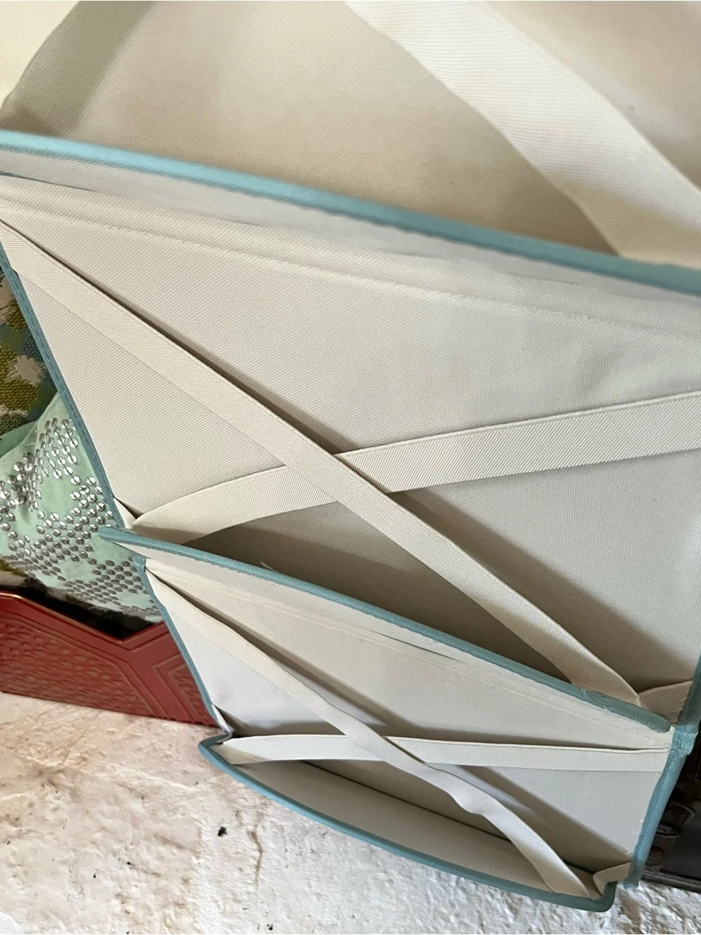 Real Simple Hanging Fabric Purse Handbag Organizer - Cream with Light Blue Trim